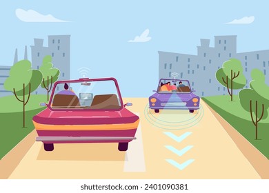 Cars with Wi-Fi sign on roads vector illustration. Traffic in big modern city. Introduction of driverless cars, modern technology concept