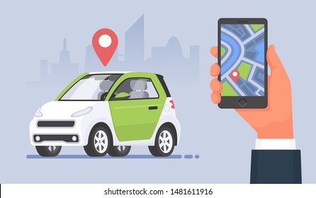 Carsharing. Car rental service using a mobile application. Hand holding smartphone with location information about finding a car. Vector illustration in cartoon style
