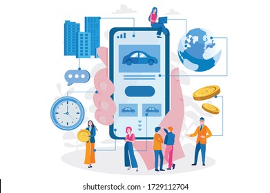 Carsharing or car rental service. Vector illustration for web banner, infographics, mobile. Buy car app.