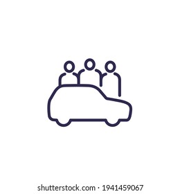 Carsharing, Carpooling Line Icon With People And A Car