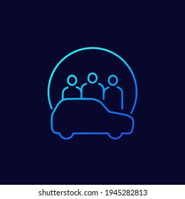 Carsharing, Carpooling Line Vector Icon With People And A Car