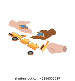 Carsharing carpooling ridesharing isometric composition with conceptual icons and human characters vector illustration