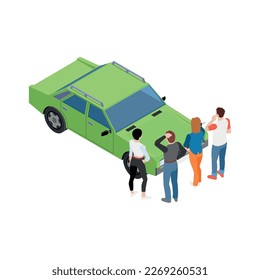 Carsharing carpooling ridesharing isometric composition with conceptual icons and human characters vector illustration