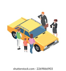 Compartir carpooling ridesharing composición isométrica con iconos conceptuales y caracteres humanos ilustración vectorial