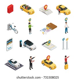 Carsharing carpooling ridesharing isometric  icons with people using individual and collective reservation of cars via web application isolated vector illustration