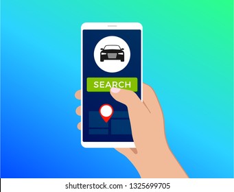 Car-sharing and carpooling service flat illustration concept design for web, banner, slider, icon. Carpool ride app - search for carshare auto from smartphone with bright gradient background.