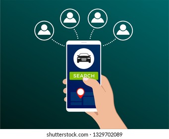 Car-sharing and carpooling service flat illustration concept design for web, banner, slider, icon. Carpool ride app - search for carshare auto from smartphone with green gradient background.