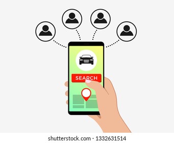 Car-sharing and carpooling service flat illustration concept design for web, banner, slider, icon. Carpool ride app - search for carshare auto from smartphone.