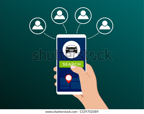 Car-sharing and carpooling service flat\
illustration concept design for web, banner, slider, icon. Carpool\
ride app - search for carshare auto from smartphone with green\
gradient\
background.