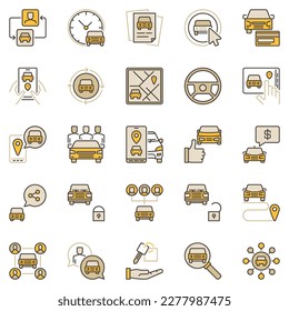 Carsharing colored icons set - Car Rental and Sharing concept vector symbols collection