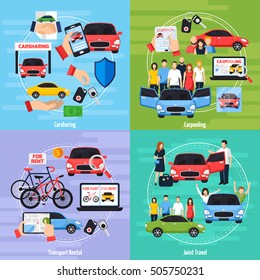 Carsharing concept icons set with joint travel symbols flat isolated vector illustration 