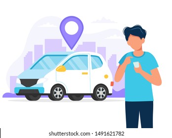 Carsharing concept. Man with smartphone with an app to find a car location. Car rental service via mobile app. Vector illustration in flat style
