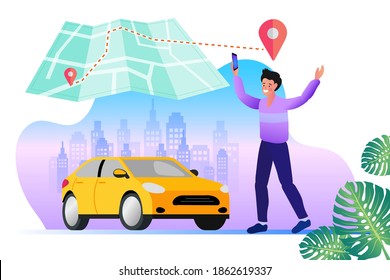 Concepto de reparto de cargas. Teléfono con marca de ubicación y auto inteligente con moderno perfil urbano. Servicio de alquiler de coches a través de la aplicación móvil. Ilustración vectorial en estilo plano.