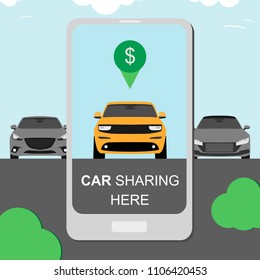 Carsharing concept. Renting and carpooling banner with smartphone and car sharing app on city background. Rental auto service. Automobile banner. Vector Illustration 10 eps