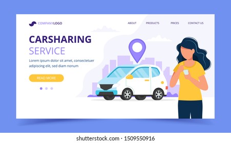 Carsharing concept. Woman with smartphone. Landing page template. Vector illustration in flat style