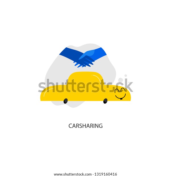 Carsharing hand drawn illustration. Happy auto\
kawaii character. Carsharing lettering. Auto rental deal cartoon\
clipart. Carpooling flat drawing. Transport, handshake isolated\
vector design\
element