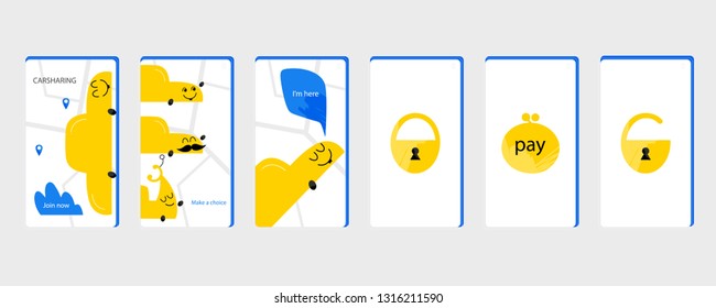 Carsharing hand drawn mobile app interfaces set. Auto, scooter kawaii characters. Car, moped sharing application infographic. Transport rental cartoon cliparts. Smartphone responsive web page design