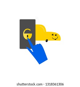 Carsharing hand drawn vector illustration. Hand pressing mobile screen padlock flat drawing. Happy vehicle kawaii character. Unlock smart car smartphone app cartoon clipart. Isolated design element