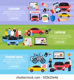 Carsharing horizontal banners set with carpooling symbols flat isolated vector illustration 