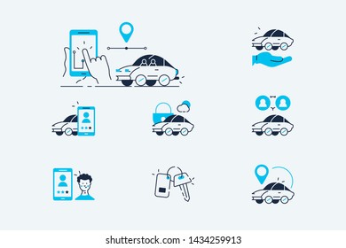 Carsharing icons set flat vector illustration. Collection consists of online app symbols for car rent such as key, blocked auto, pointer, available, searching of vehicle, feedback. Isolated on white