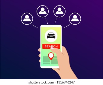 Carsharing illustration in flat design. Car-sharing ride service - search for carpool auto from your smartphone while other people are looking for a vehicle with purple gradient background.