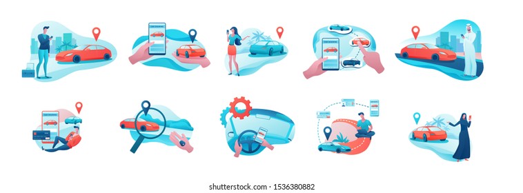 Carsharing illustration set, arab, european people, rent automobile, businessman order ride, rental service template, mobile app concept, man, girl, flat vector design, turquoise, red color