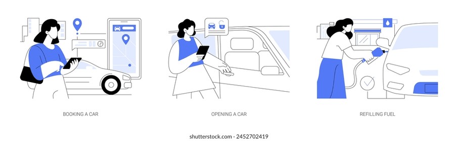 Conjunto de Ilustraciones vectoriales de dibujos animados aislados de Carsharing. Reserva un coche con el App de smartphone, abre un coche con el teléfono móvil, conductor recargando gasolina en vehículo compartido, servicio de alquiler de caricatura de Vector.