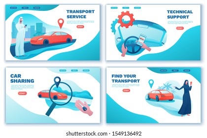 Carsharing landing page set, arab people, rent automobile, businessman order ride, rental service template, mobile app concept