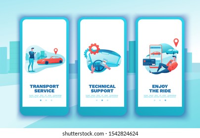 Carsharing mobile template set, cartoon people, rent automobile, businessman order ride, rental service mobile app, smartphone concept, man, girl, flat vector design, turquoise, red color