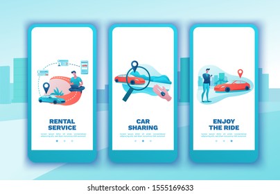 Carsharing mobile template set, cartoon people rent automobile, businessman order ride, Car share service mobile app, smartphone concept, man, girl, flat vector design, turquoise, red color