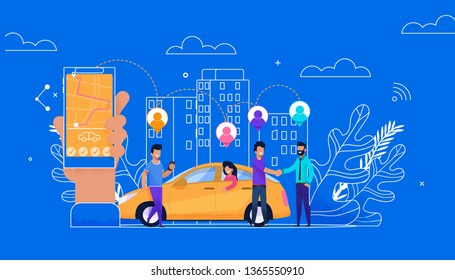 Carsharing Online Simple Flat Illustration with Line Cityscape. Girl and Men Passenger Character Reserve and Rent Car for Travel. Arm with Smartphone Route and Geo App. Group of People Waiting Trip.