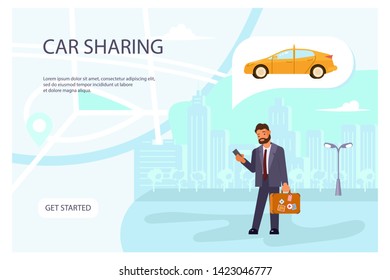 Carsharing page website template. Young man rent a car by smartphone on city map background banner. Flat Art Vector illustration