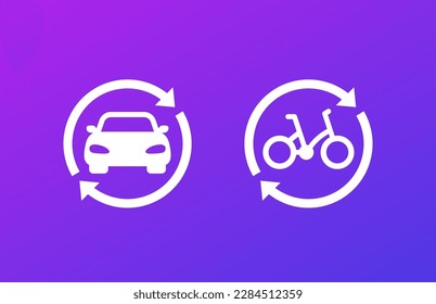 carsharing, rental service icons with a car and a bike