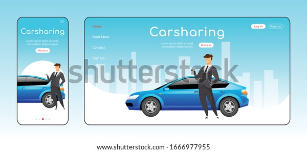 Carsharing responsive landing page flat color\
vector template. Carpooling service homepage layout. One page\
website UI with cartoon character. Ride share adaptive webpage\
cross platform\
design