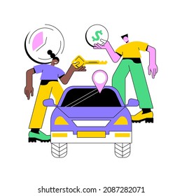 Carsharing service abstract concept vector illustration. Rental service, short term rent, carsharing application, ride application, hiring a car peer to peer, hourly payment abstract metaphor.
