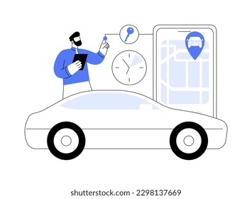 Carsharing service abstract concept vector illustration. Rental service, short term rent, carsharing application, ride application, hiring a car peer to peer, hourly payment abstract metaphor.