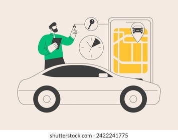 Ilustración vectorial de concepto abstracto del servicio de carga. Servicio de alquiler, alquiler a corto plazo, aplicación de carsharing, aplicación de viaje, alquiler de un coche de compañero a compañero, pago por hora metáfora abstracta.