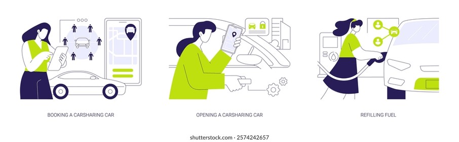 Carsharing service abstract concept vector illustration set. Booking a carsharing car, open vehicle with smartphone app, refilling fuel at the gas station, rental urban vehicle abstract metaphor.