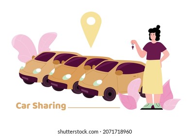 Carsharing service, city vehicle network for order rent of transport. Young woman stand with automobile keys near parking. Flat cartoon vector illustration isolated on a white.