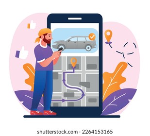 Carsharing-Service-Konzept. Mann mit Smartphone bestellt Auto, Fahrzeug. Reise und Fahrt, Fahrer. Route und Punktstandort auf der Stadtkarte. Navigation und GPS, Geolokation. Cartoon-Flavektor-Vektorgrafik