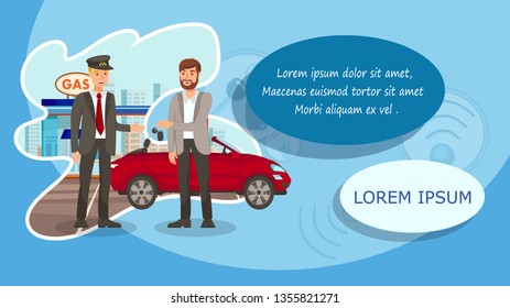 Carsharing Service Flat Web Banner Vector Template. Valet Parking. Young Man Gives Automobile Keys to Chauffeur Cartoon Characters. Taxi, Transport Rental. Happy Driver and Passenger at Gas Station
