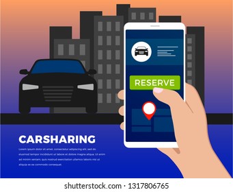 Carsharing service illustration concept in flat design. Car-sharing ride service app - search for carpool auto from your smartphone. For banner, slider, presentation. 