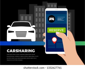 Car-sharing service illustration concept in flat design. Carpooling ride service app - search for carshare auto from your smartphone. For banner, slider, presentation. 