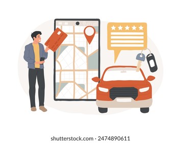 Carsharing service isolated concept vector illustration. Rental service, short term rent, carsharing application, ride application, hiring a car peer to peer, hourly payment vector concept.