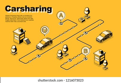 Carsharing service isometric vector concept or banner with vehicles moving along route, between destination points line art illustration. Auto owners club, car sharing network, rental city transport