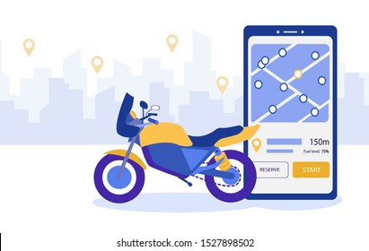 Carsharing service. Motorcycle rental service using a mobile application. Smartphone with location information about finding motorbike. Concept mobile transportation sharing city.Vector illustration