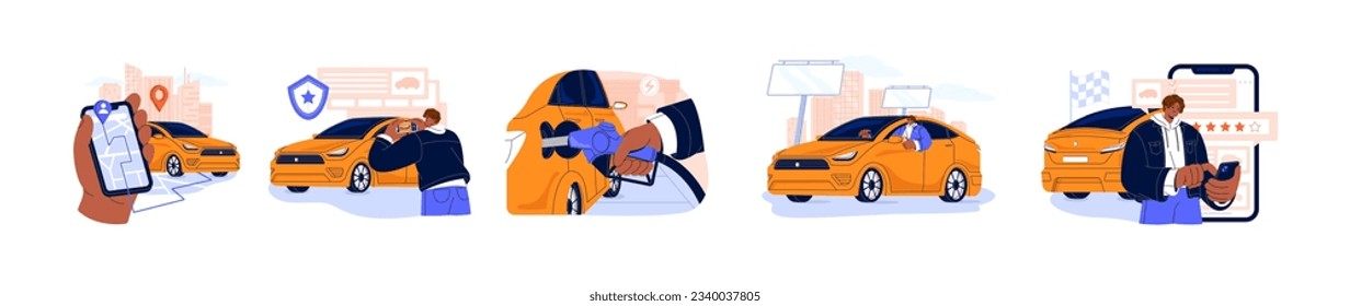 Carsharing service, rent car set. People share, booking, drive, fuel, parking, take photo, waiting, rate rental auto in app by smartphone online. Flat isolated vector illustration on white background