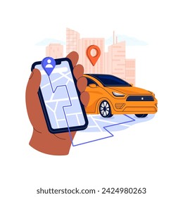 Carsharing service in smartphone. People rent car. Automobile sharing, rental booking in phone app. Route, road to auto on map. City transport. Flat isolated vector illustration on white background