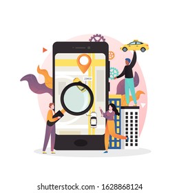 Carsharing service vector concept illustration. People using car sharing mobile app to rent auto. Carpooling, online car rental concept for web banner, website page etc.