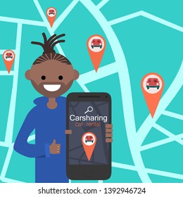 Carsharing service. Young character shows the phone with the app.Online rental car.Flat cartoon design.Clip art